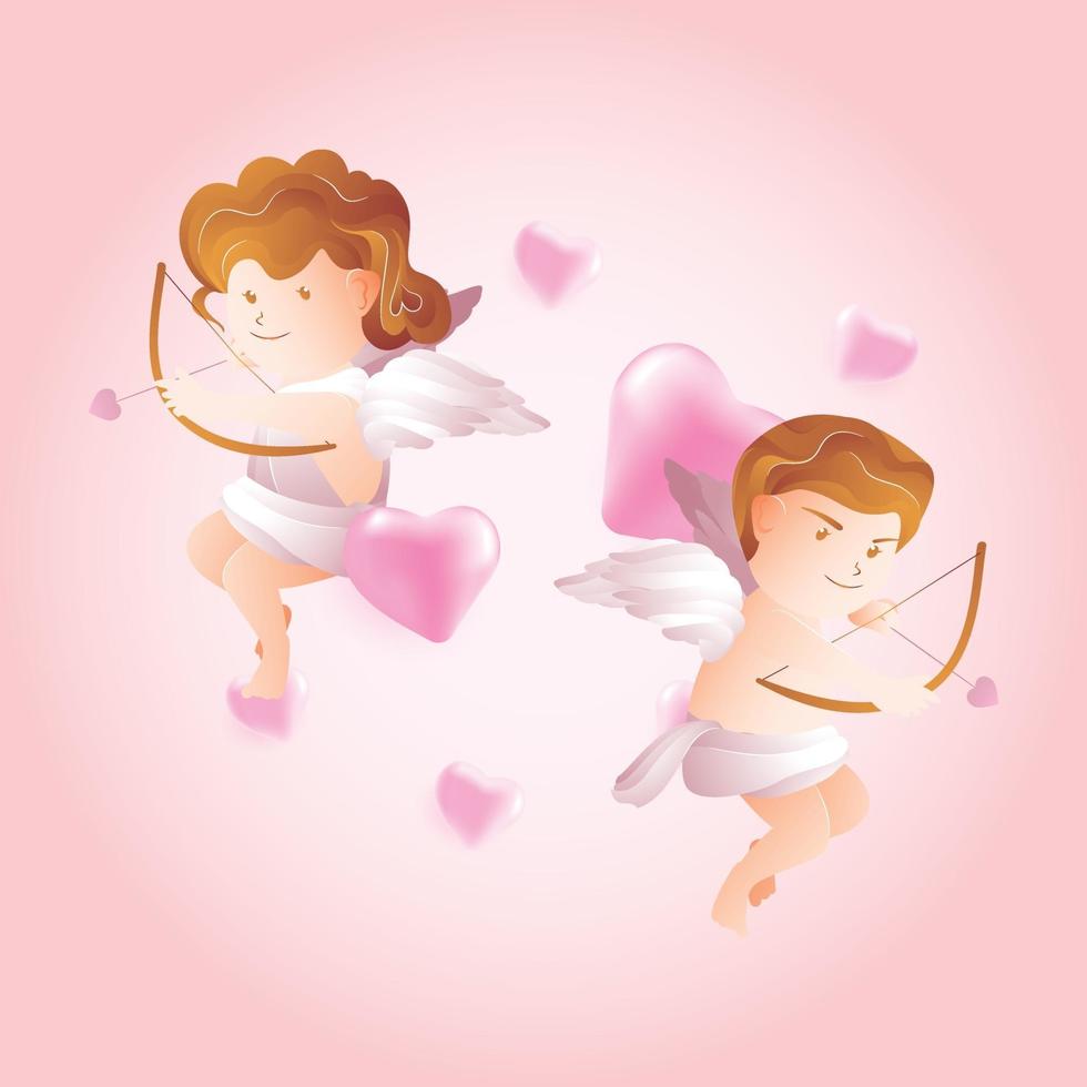 par de pequeños cupidos con el objetivo de flecha del corazón. ilustración para el día de san valentín vector