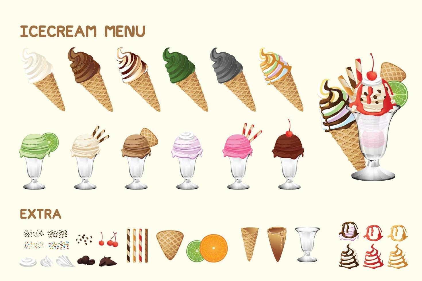 Set of ice creams with multiple flavors and toppings vector