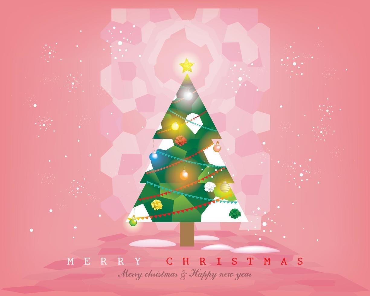 Christmas tree with stained glass window on the coral pink background, Decorated with christmas balls, ribbons, party flags, shiny star, snowflakes, vector illustration for flyers, banner etc.