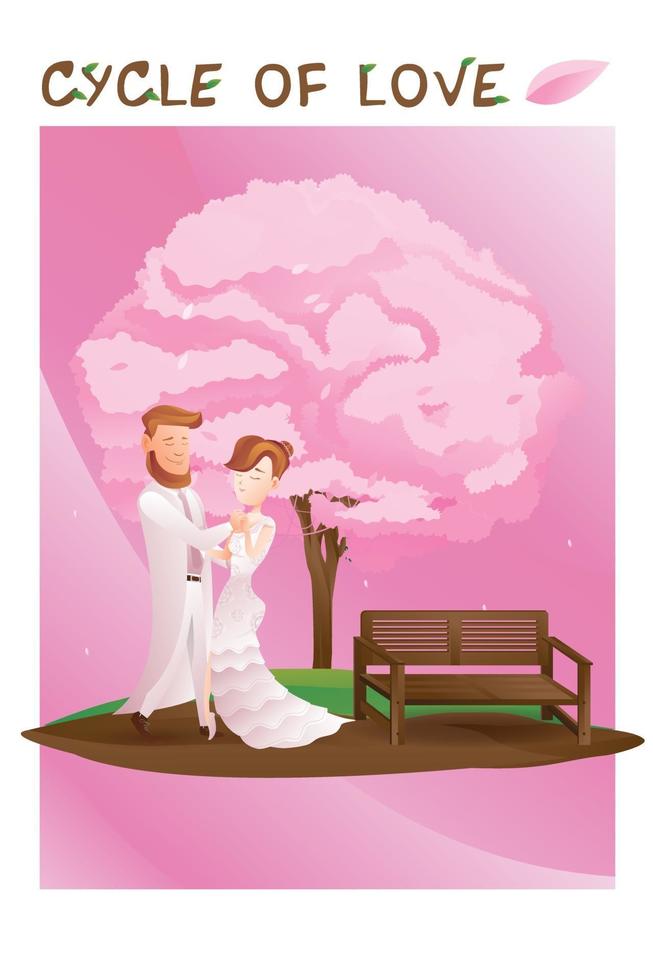 Ciclo de juegos de amor para la temporada de San Valentín, imagen de pareja de enamorados bajo el árbol. vector