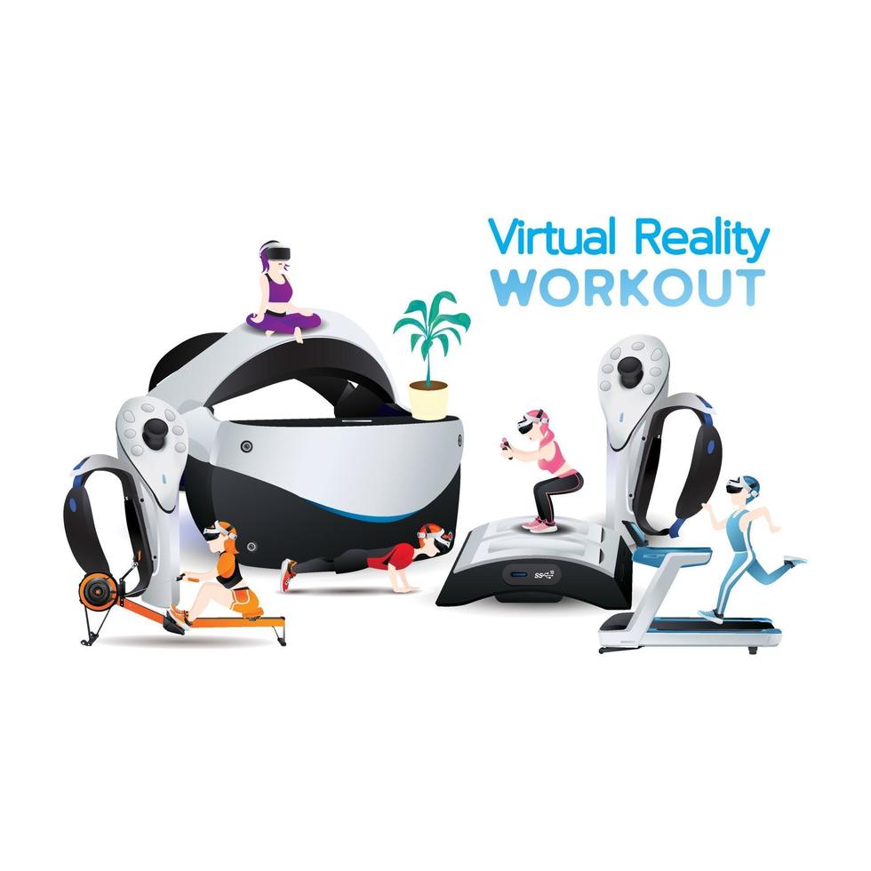 People use Virtual reality machine for workout, exercise with imagination. vector