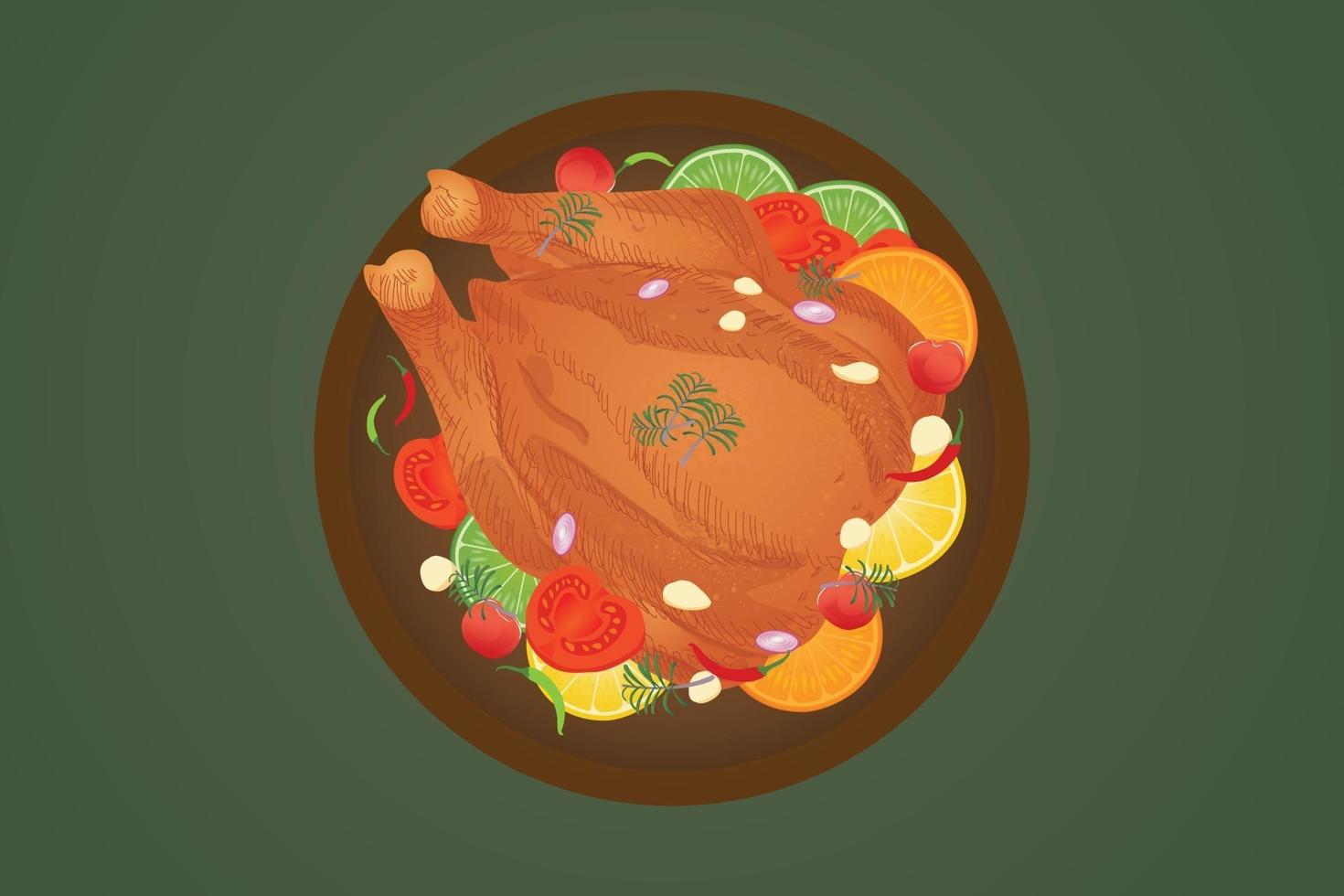Roasted chicken top view for decoration, vector illustration and line drawing.