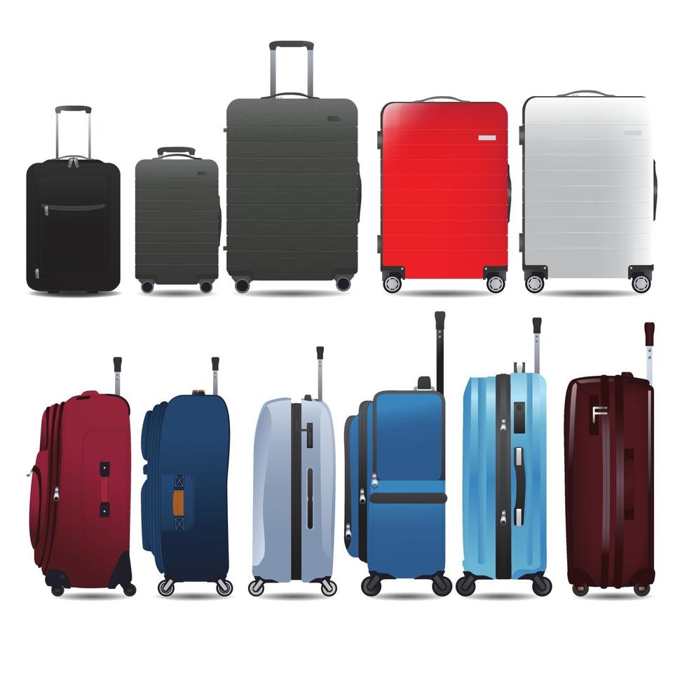 conjunto de equipaje, equipaje en vista lateral y vista frontal, estilo plano realista de ilustración vectorial. vector