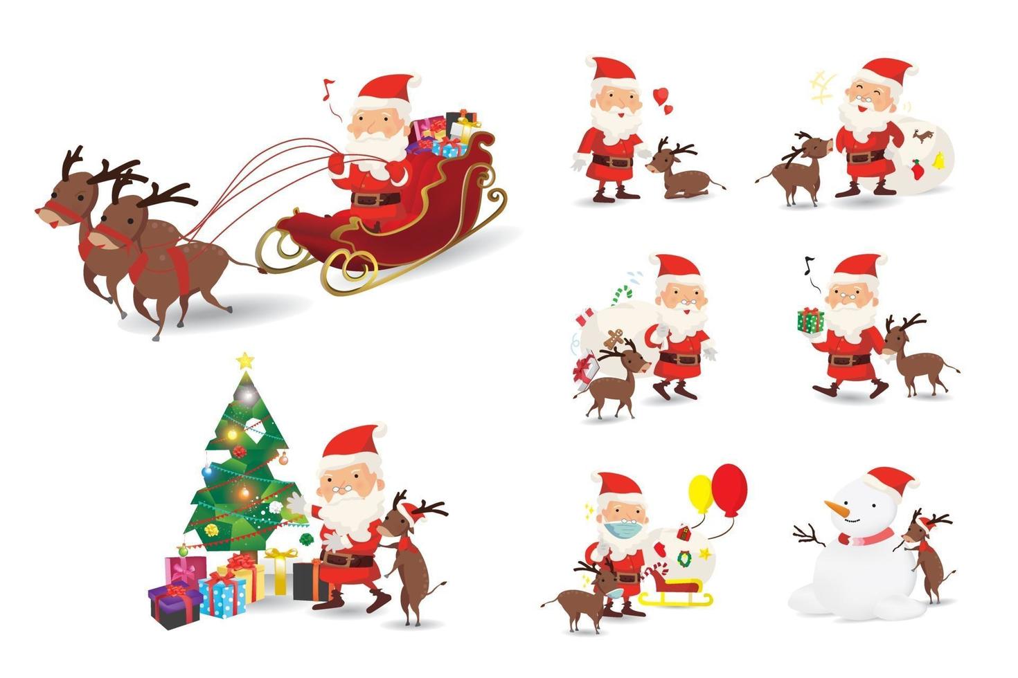 Cartoon Christmas character illustrations set. Funny happy Santa Claus and reindeer, bag with presents, Sleigh and christmas tree, waving and greeting, For Christmas cards, banners, tags and labels. vector