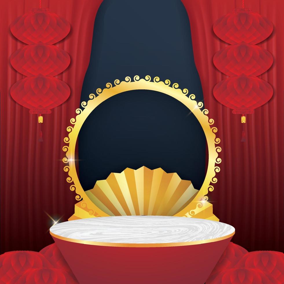 Marble podium round stage podium and paper art for Chinese new year vector