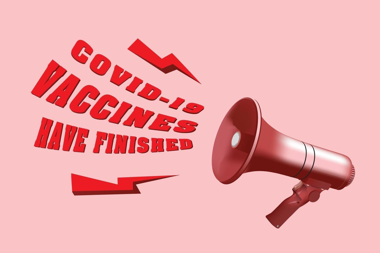 Red megaphone announcement about covid vaccines finished on pink background. vector