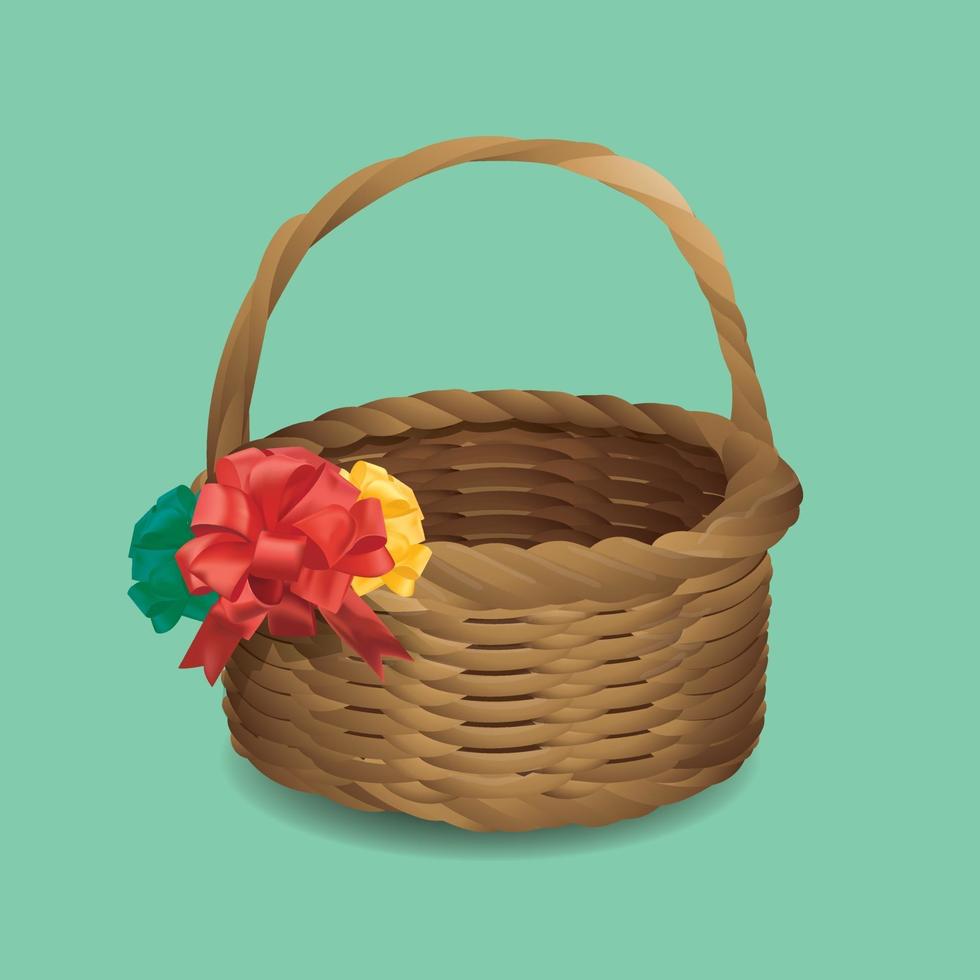 Empty basket with colorful ribbon, basket made of rattan, rustic feel, use for festival, event, surprise, isolated on mint background. vector