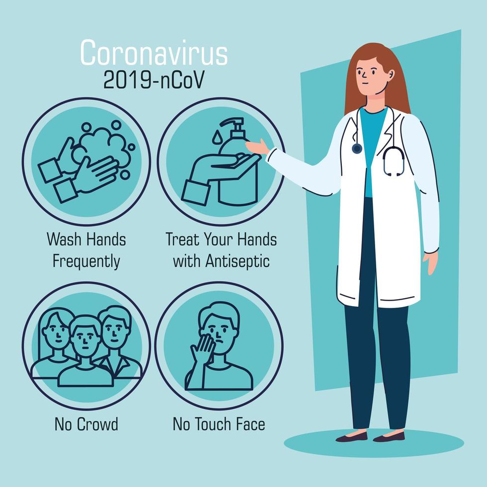 Female doctor with recommendations to stop coronavirus vector