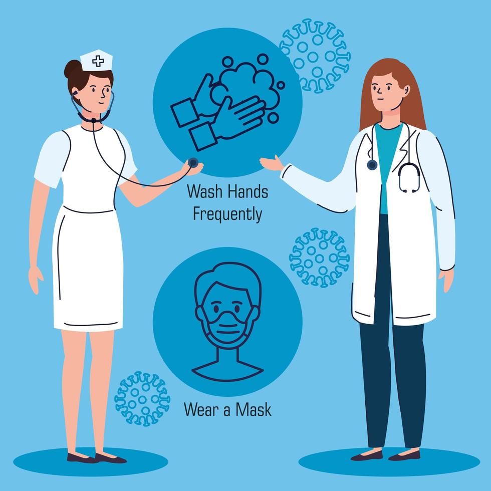 enfermera y médico con recomendaciones para detener el coronavirus vector