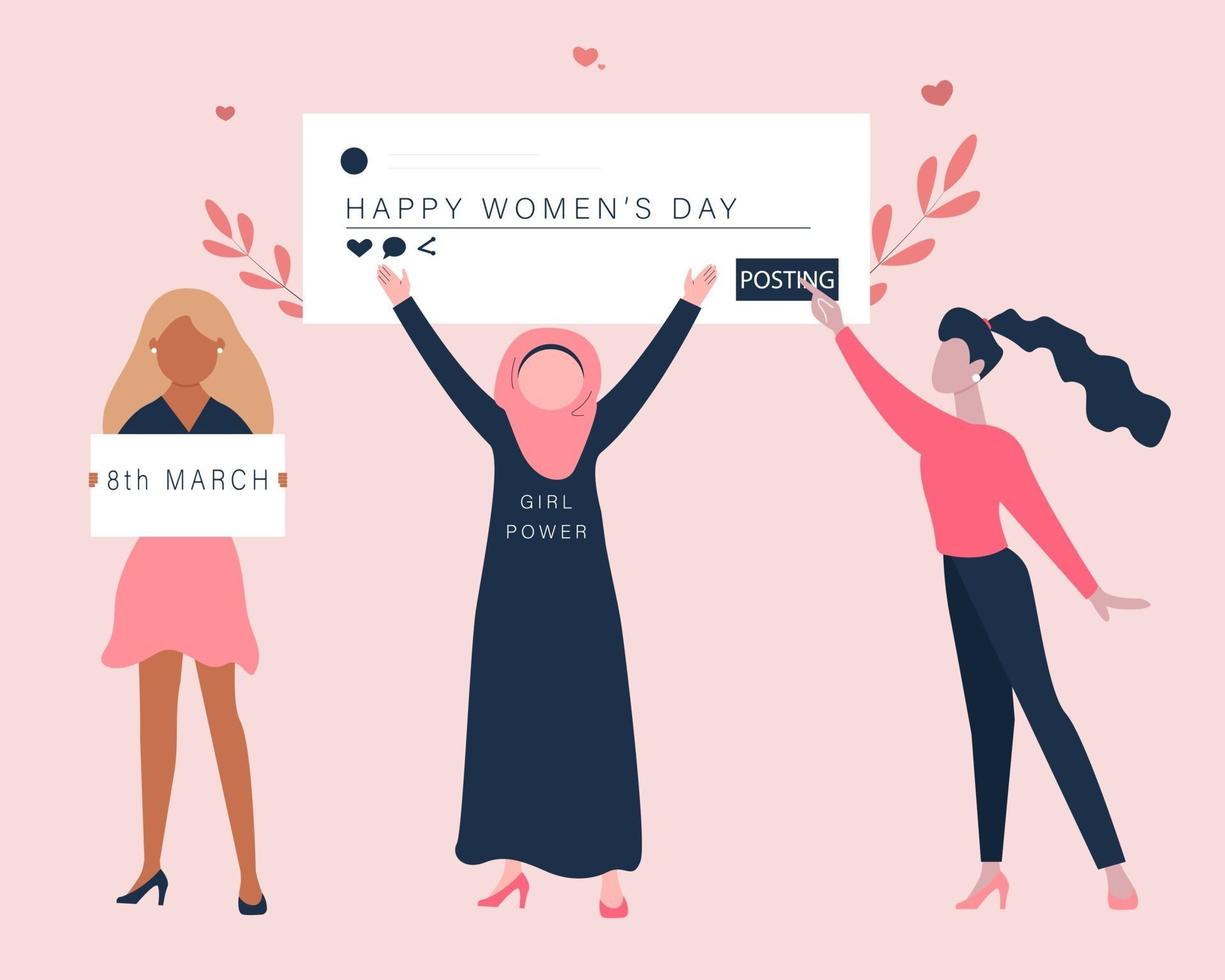 campaña del día internacional de la mujer en la ilustración del concepto de redes sociales. vector