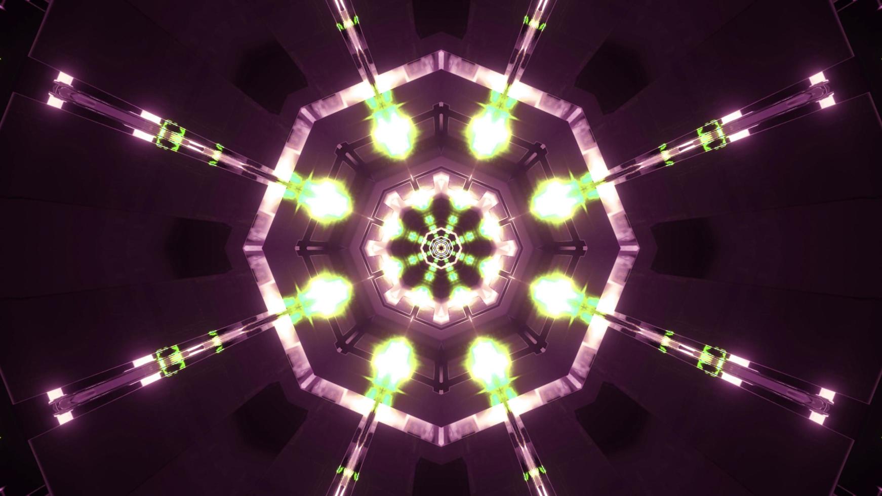 Purple, green, and yellow 3D kaleidoscope design illustration for background or texture photo
