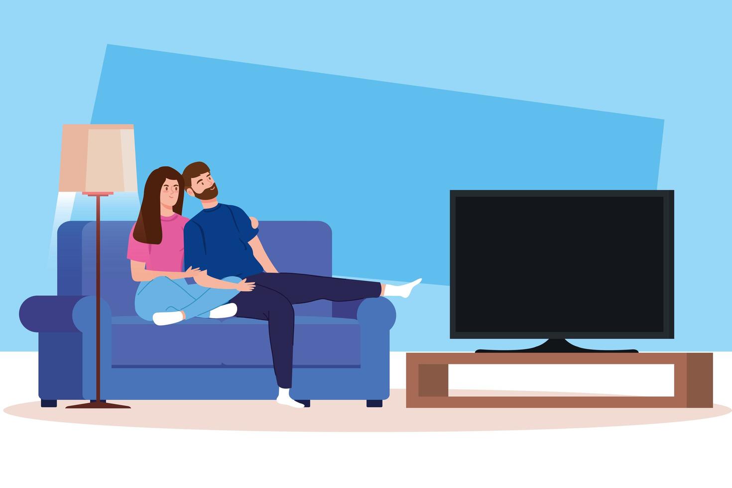 Stay at home campaign with couple watching tv vector