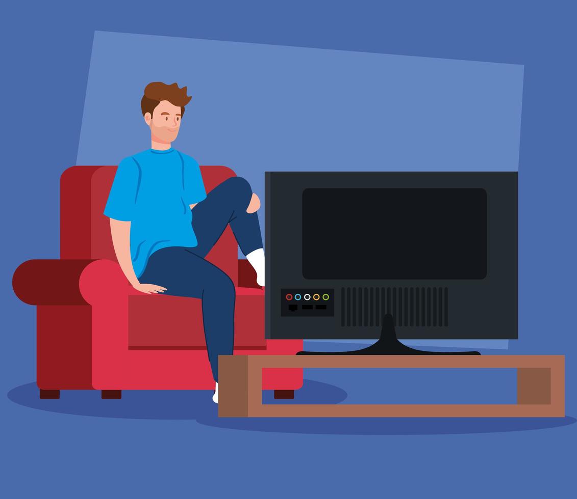 Quédate en casa campaña con el hombre viendo la televisión. vector