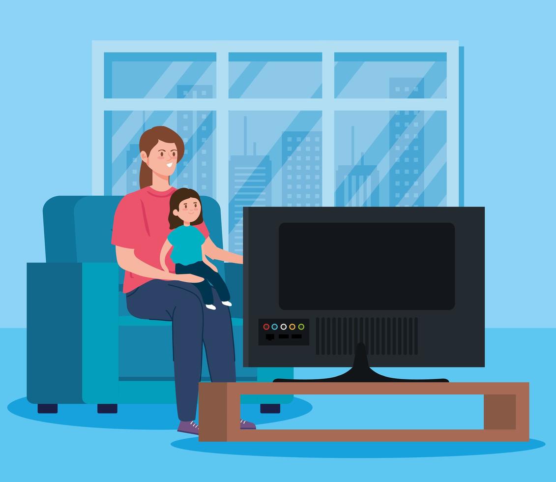 Campaña de quedarse en casa con madre e hija viendo la televisión. vector