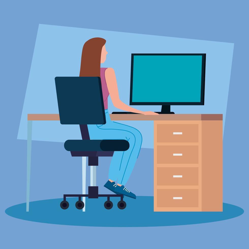 Woman on the computer, working on a desk vector