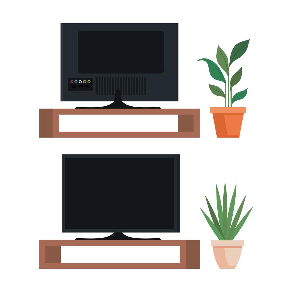 set of flat screen TVs in wooden stands vector