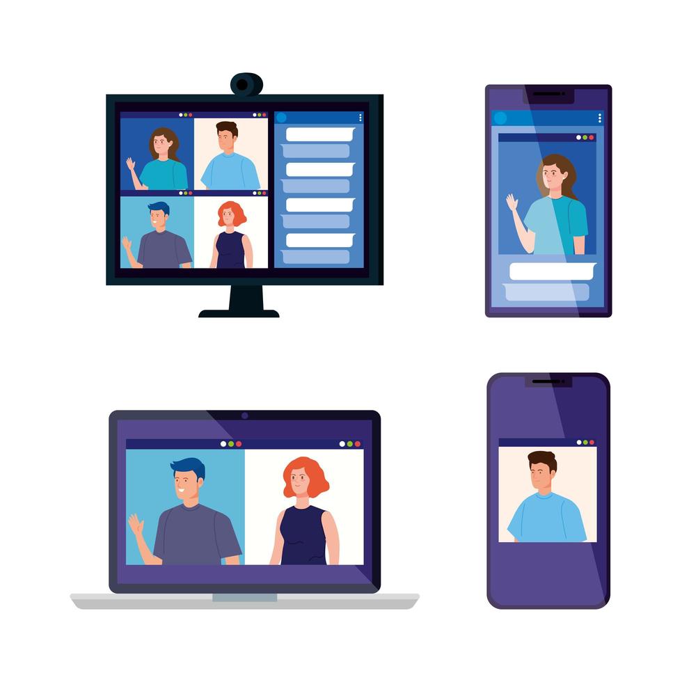 Conjunto de dispositivos electrónicos con personas en videoconferencias. vector