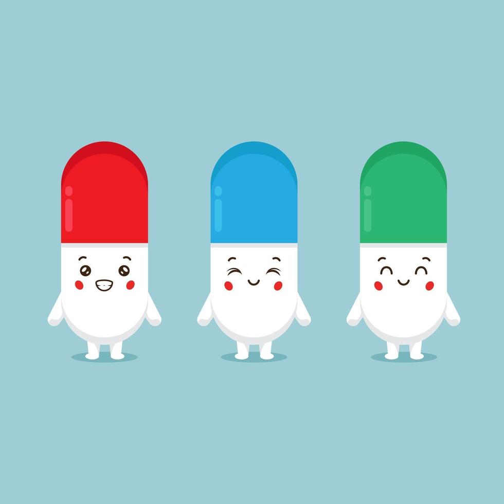 Cute Pill Characters With Various Color Set vector