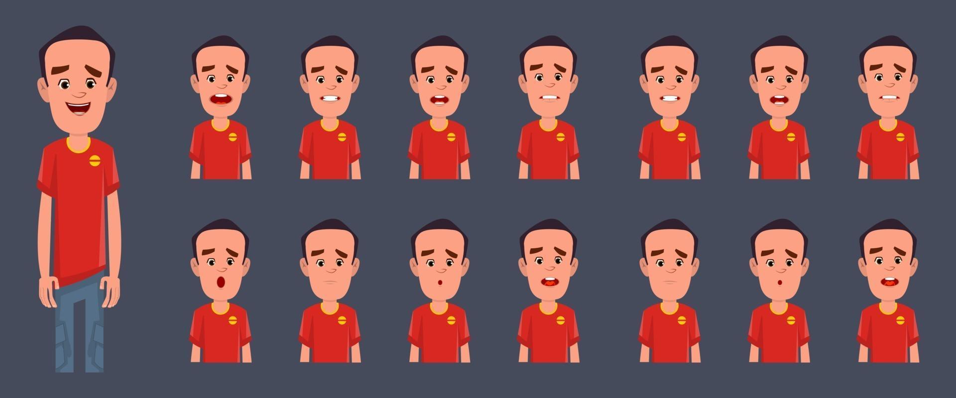 Boy character with different emotions and expressions for animation and motion design vector