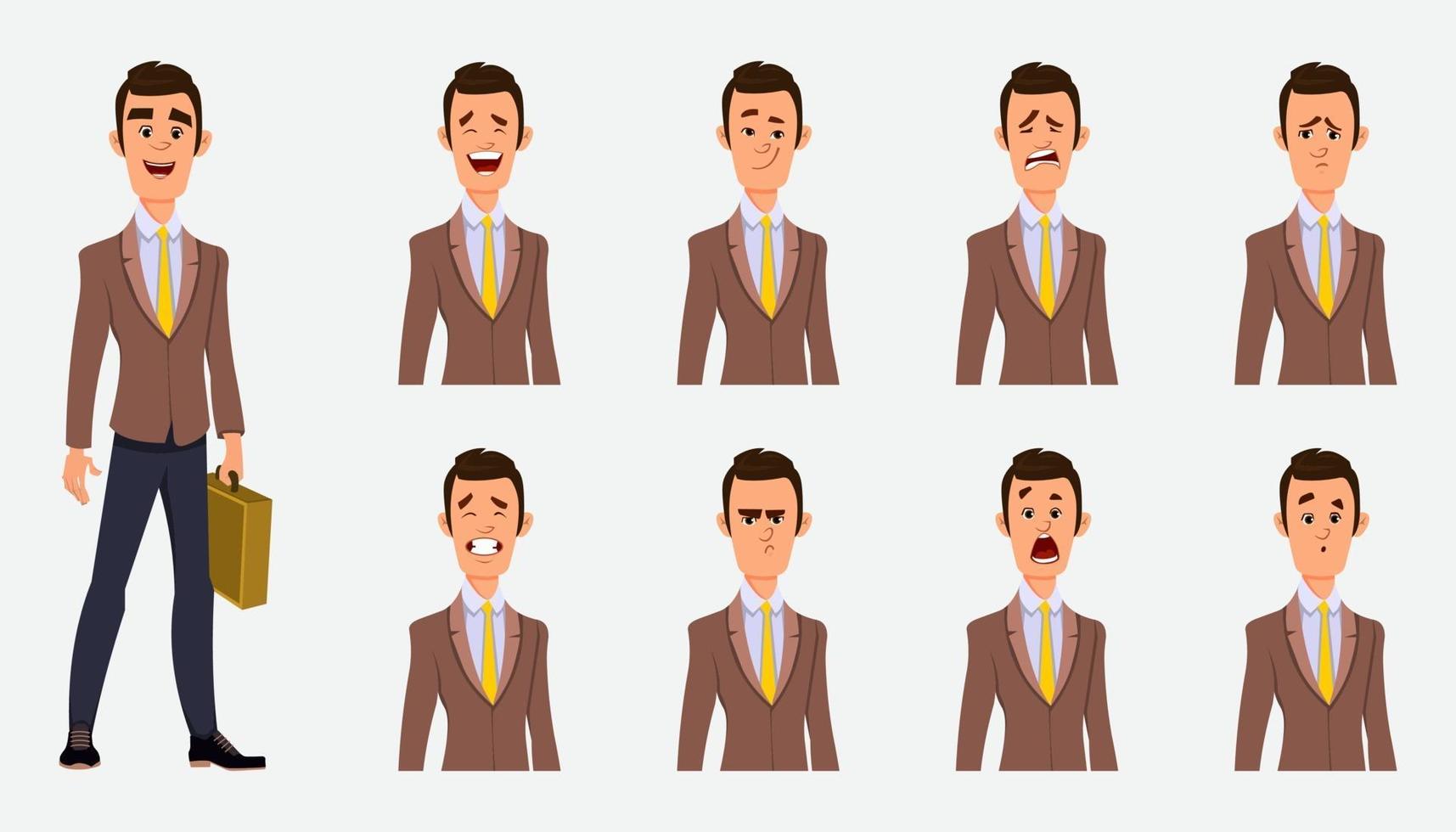 Businessman with different facial expression flat style vector character illustration for design or animation.