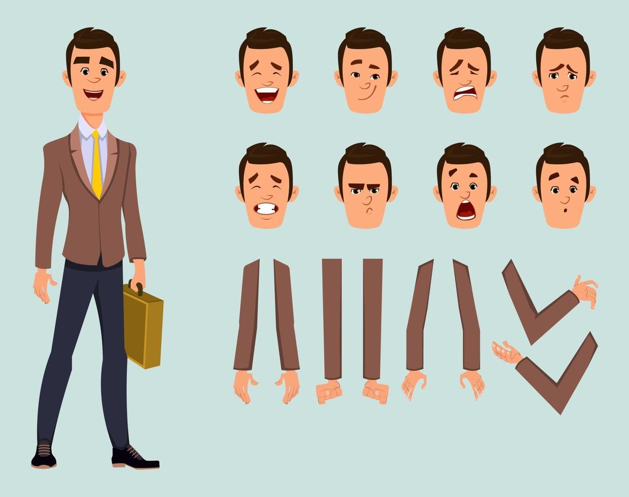 personaje de hombre de negocios con diferentes poses de expresión facial y mano. diseño de personajes de estilo plano para diseño, movimiento o animación. vector