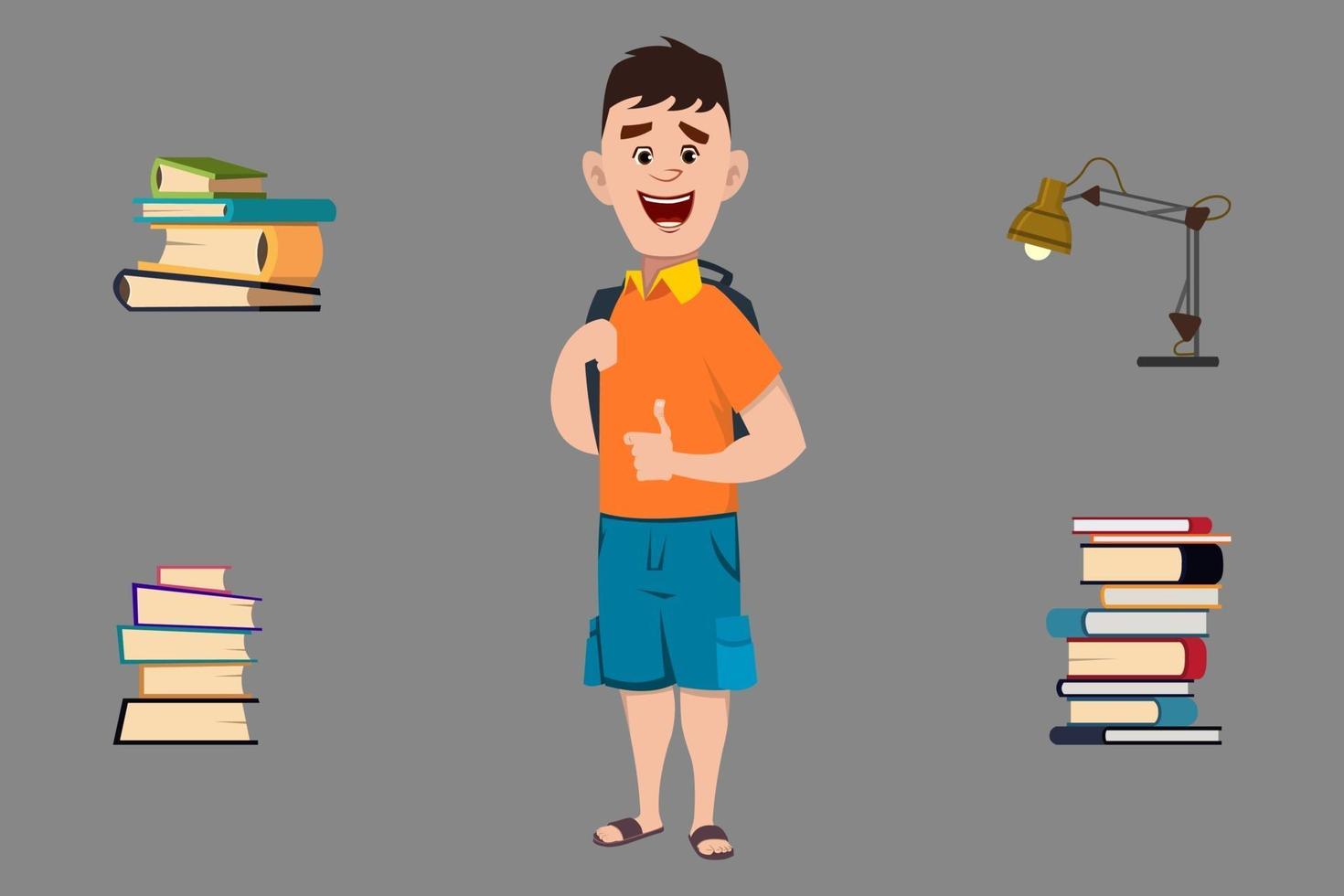 school boy with book and table light for animation vector