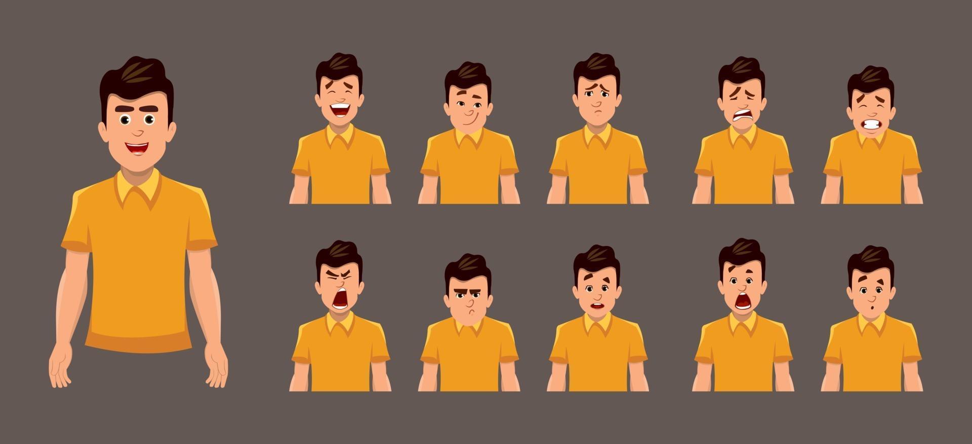 Young boy facial emotions or expression sheet. Different expression sheet for animation vector