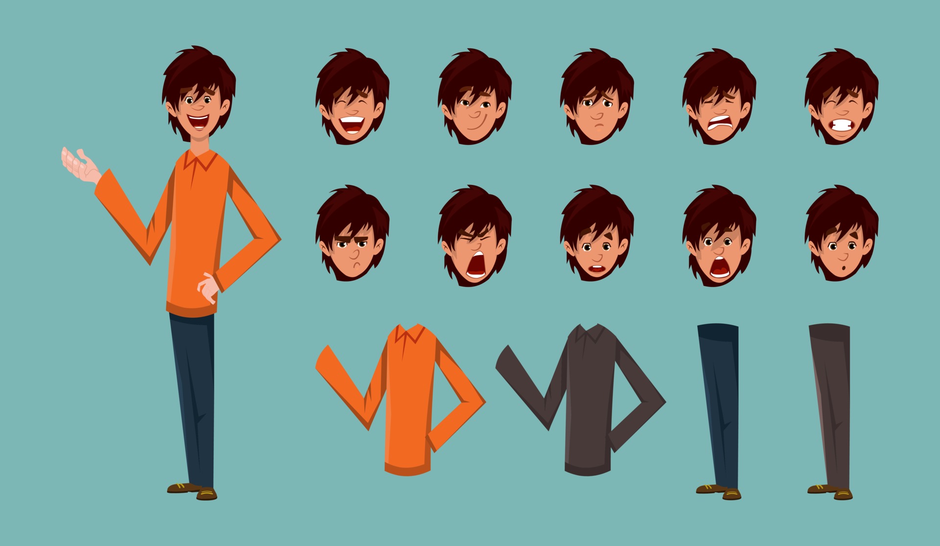 Young boy cartoon character for motion design or animation. character different  type of dress and facial expression sheet. 2027051 Vector Art at Vecteezy
