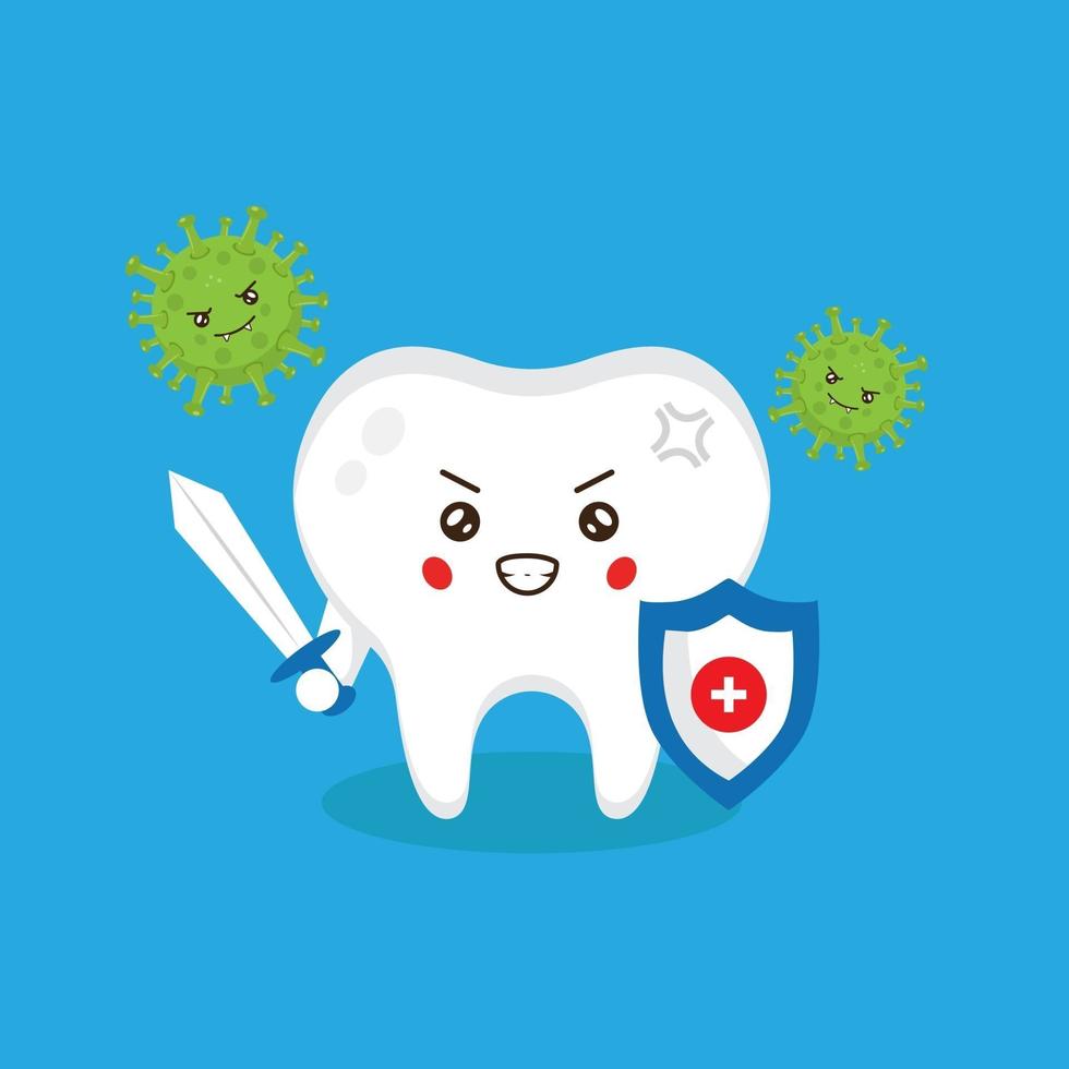 lindos personajes de dientes luchan contra microbios vector