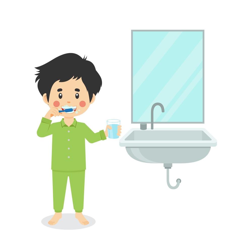 Happy Cute Kid Boy Brushing  Clean Teeth vector