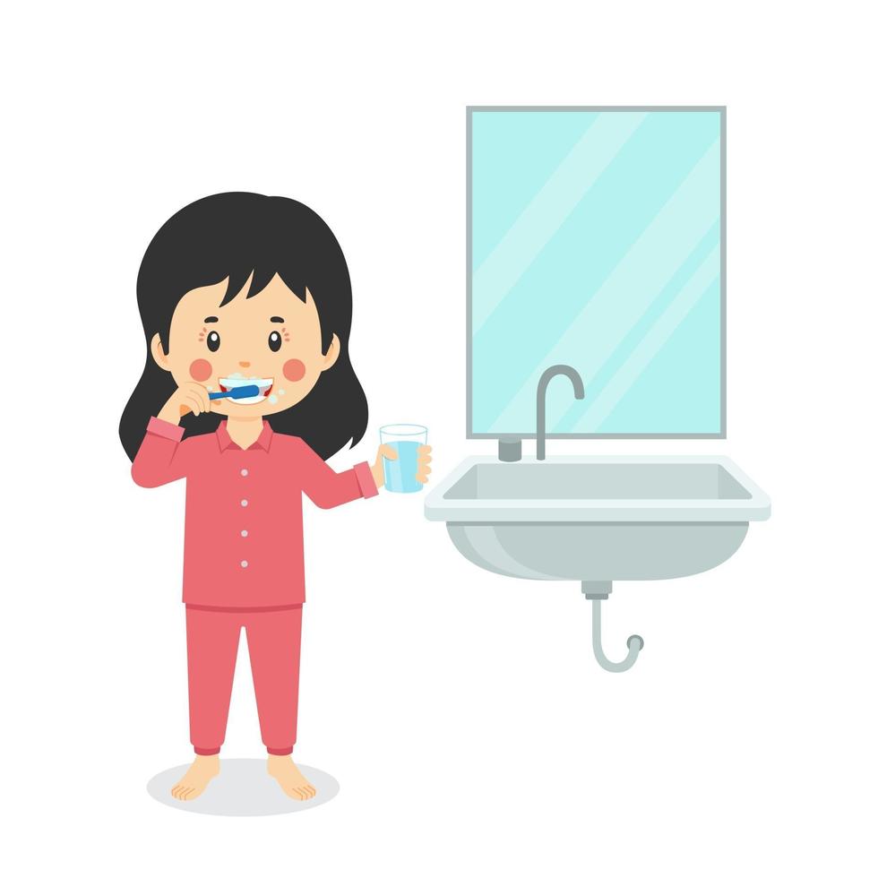 Happy Cute Kid Girl Brushing Clean Teeth vector