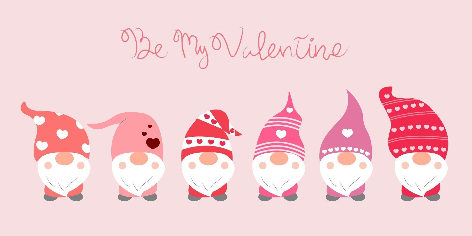 Valentine's day background with cute gnomes and 'Be My Valentine' hand-drawn word. vector