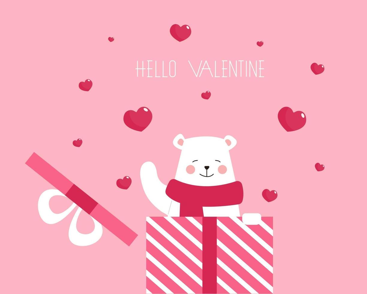 Valentine's day background with Hello Valentine hand drawn word and cute polar bear vector