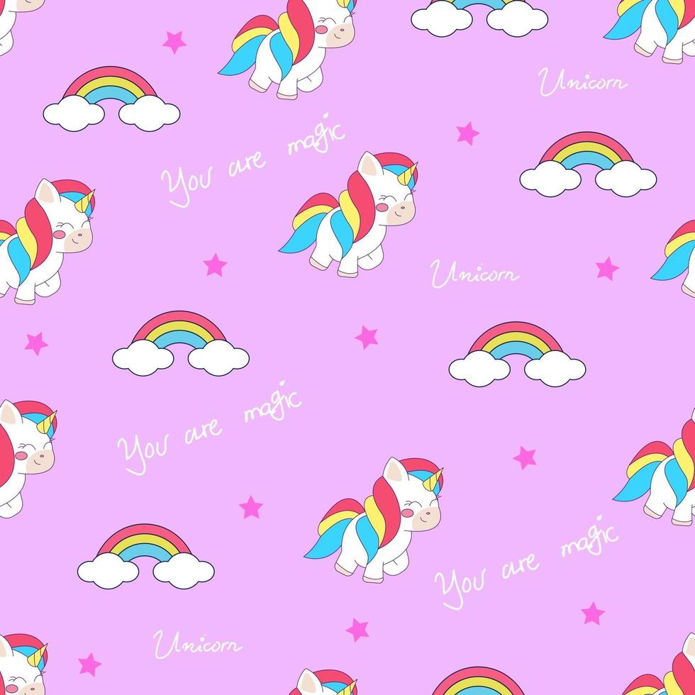 unicornio kawaii sin costuras con texto dibujado a mano vector