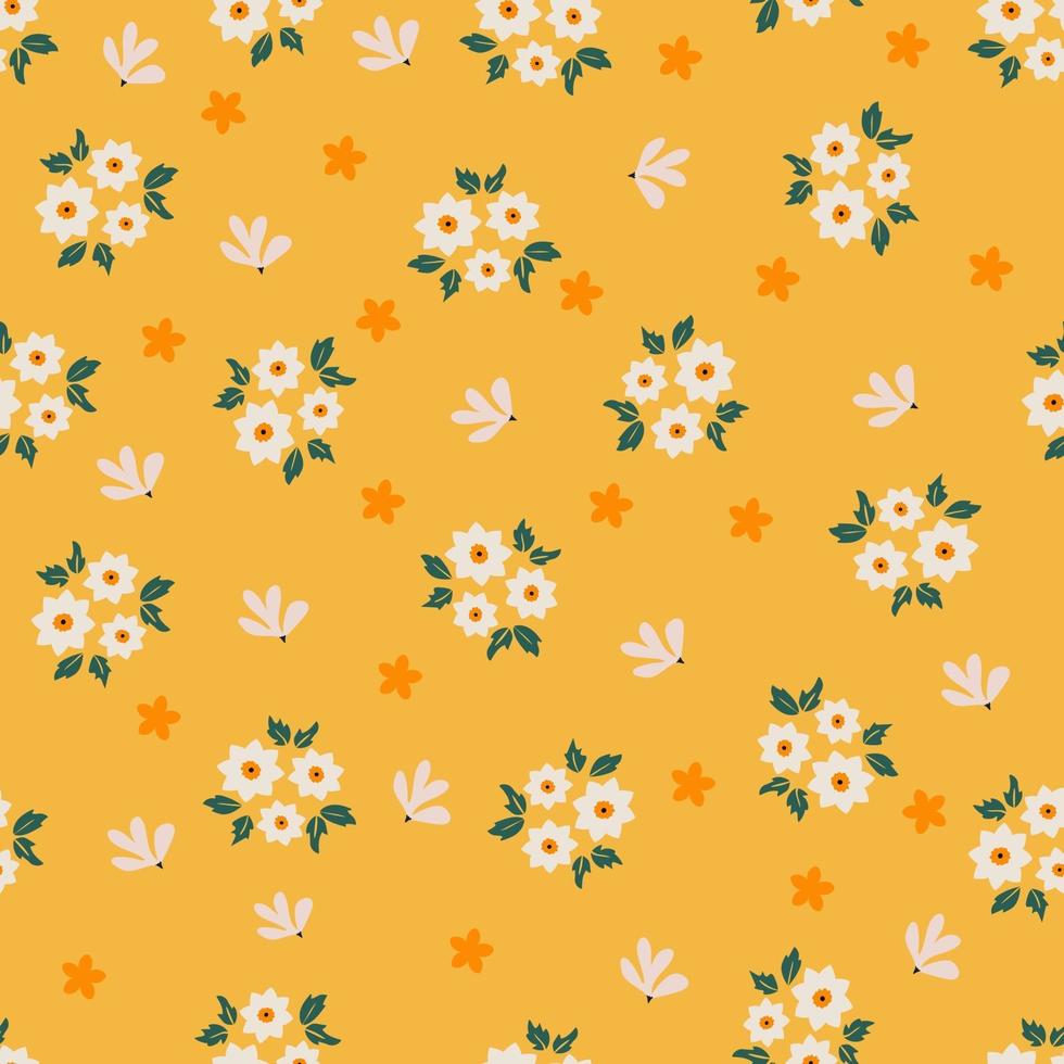 flor de primavera dibujada a mano sobre fondo amarillo de patrones sin fisuras vector