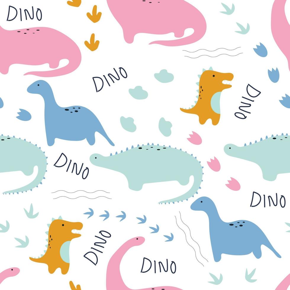 Seamless pattern with cute dinosaur and hand-drawn Dino word vector