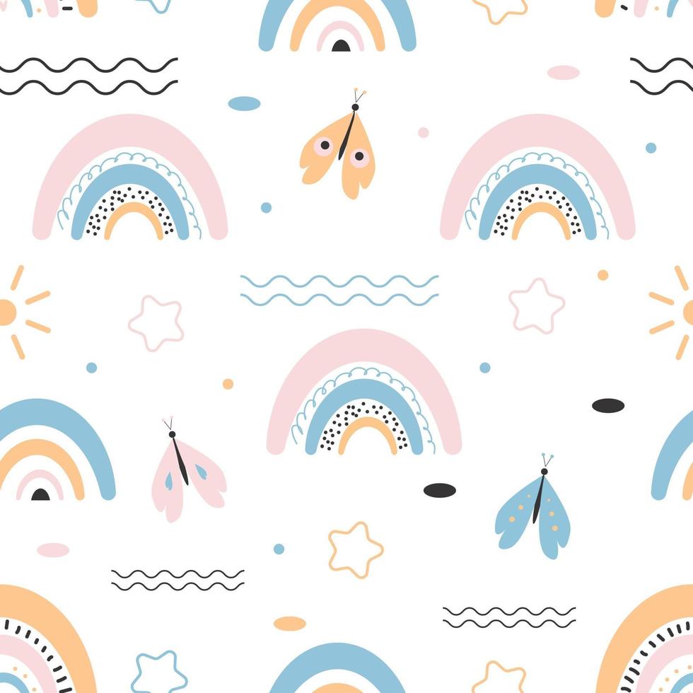 Seamless pattern with cute rainbow and butterfly vector
