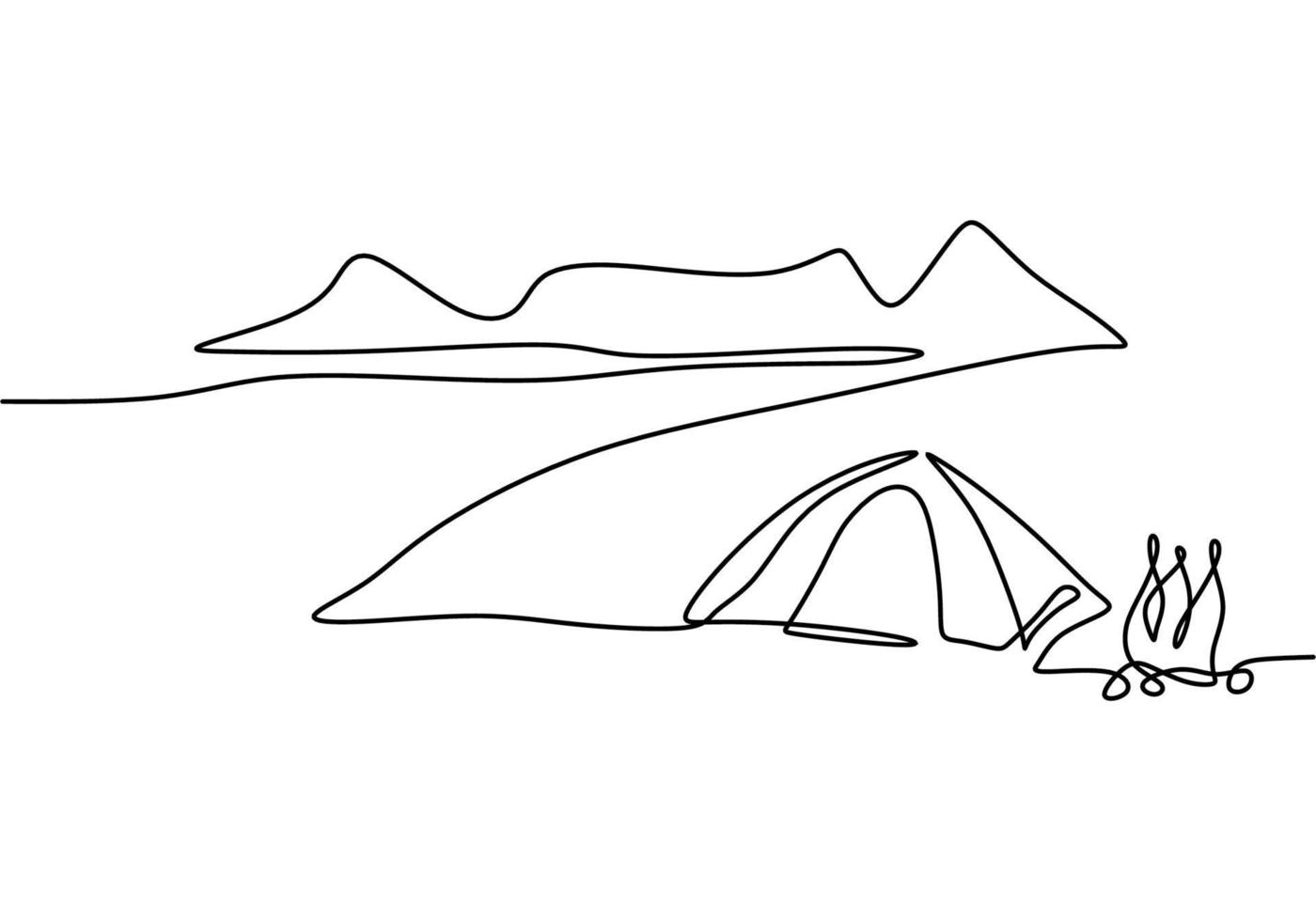Continuous single line drawing of a lonely tent in mountains with campfire isolated on white background. Car caravan, travel trailer, camper,camper trailer concept. Minimalist style. Vector