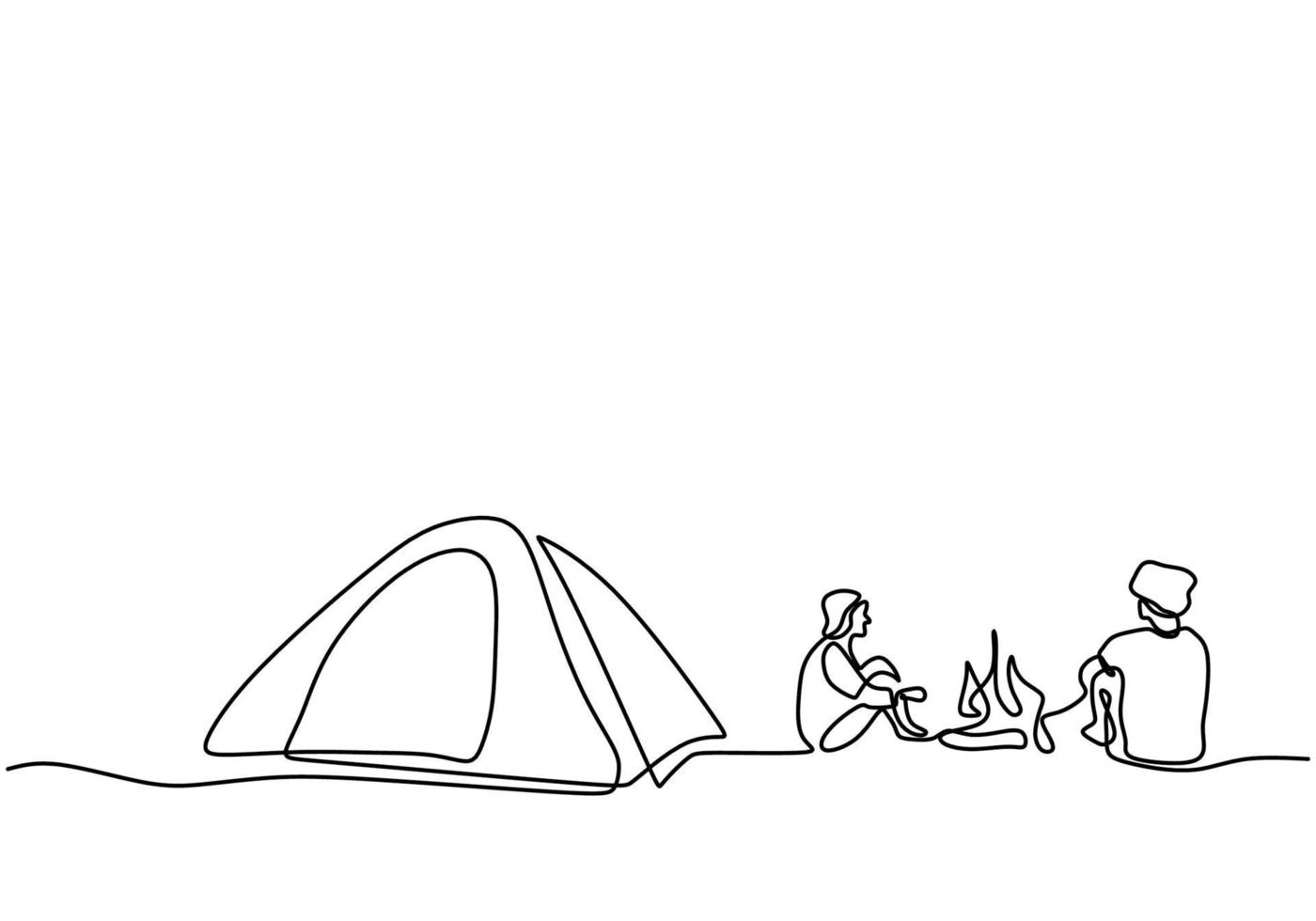 One line drawing people camping. Young people enjoy outdoor activity with tents and campfire. Adventure camping and exploration. Happy male excited by camping in the mountains enjoying nature vector