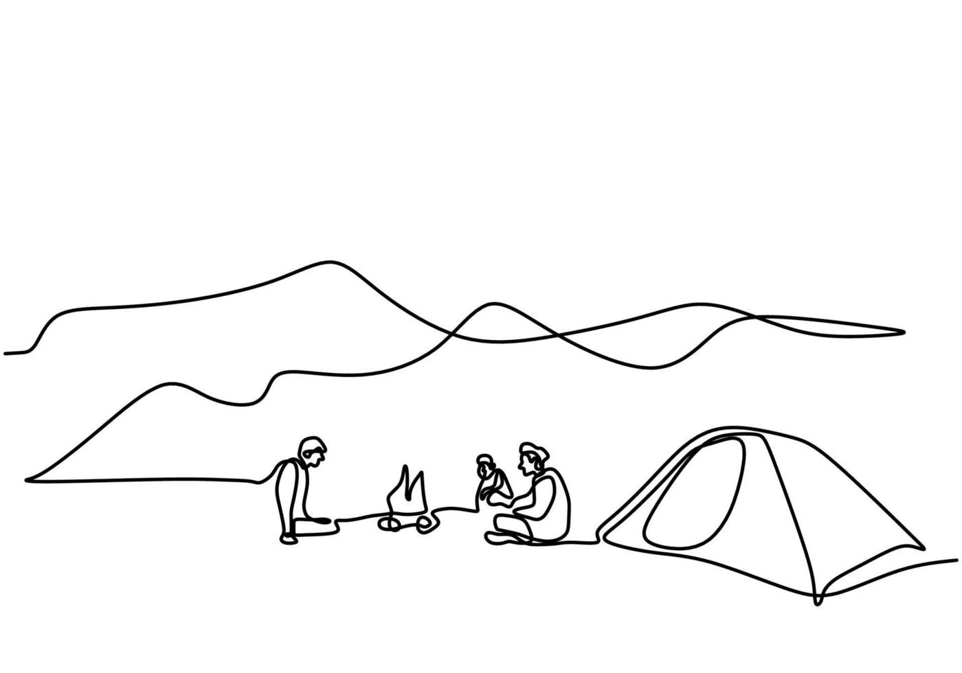 una línea dibujando personas acampando. joven disfruta de actividades al aire libre con carpas y fogatas. exploración y acampada de aventuras. macho emocionado por acampar en las montañas disfrutando de la naturaleza vector