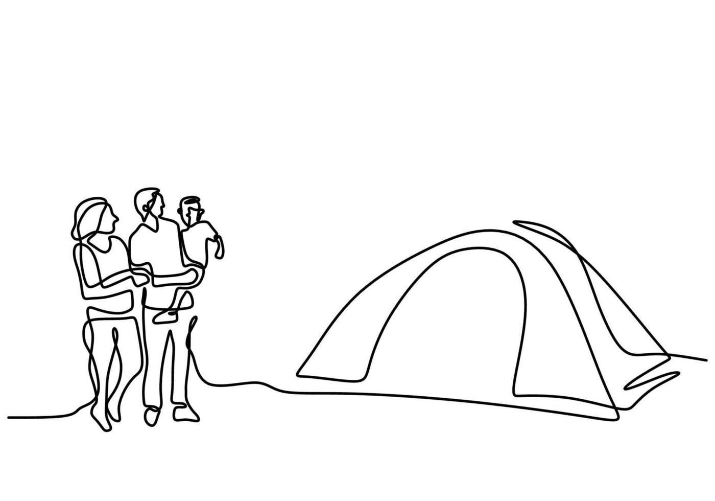 One line drawing of family camping. Father, mother, daughter, and son doing picnic with a tent in outdoor. Spend vacation time camping. Holiday in nature. Minimalism style. Vector illustration