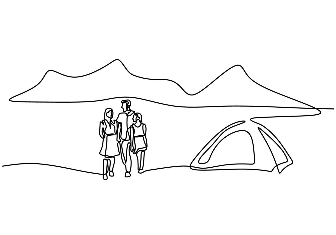 One line drawing of family camping. Father, mother, daughter, and son doing picnic with a tent in outdoor. Spend vacation time camping. Holiday in nature. Minimalism style. Vector illustration