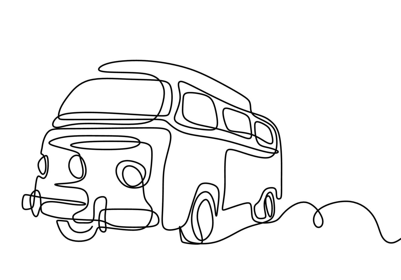 camper dibujo de linea continua. un auto de camping para viajar aislado sobre fondo blanco. el concepto de mudanza en autocaravana, camping familiar, camping, caravana. ilustración vectorial vector