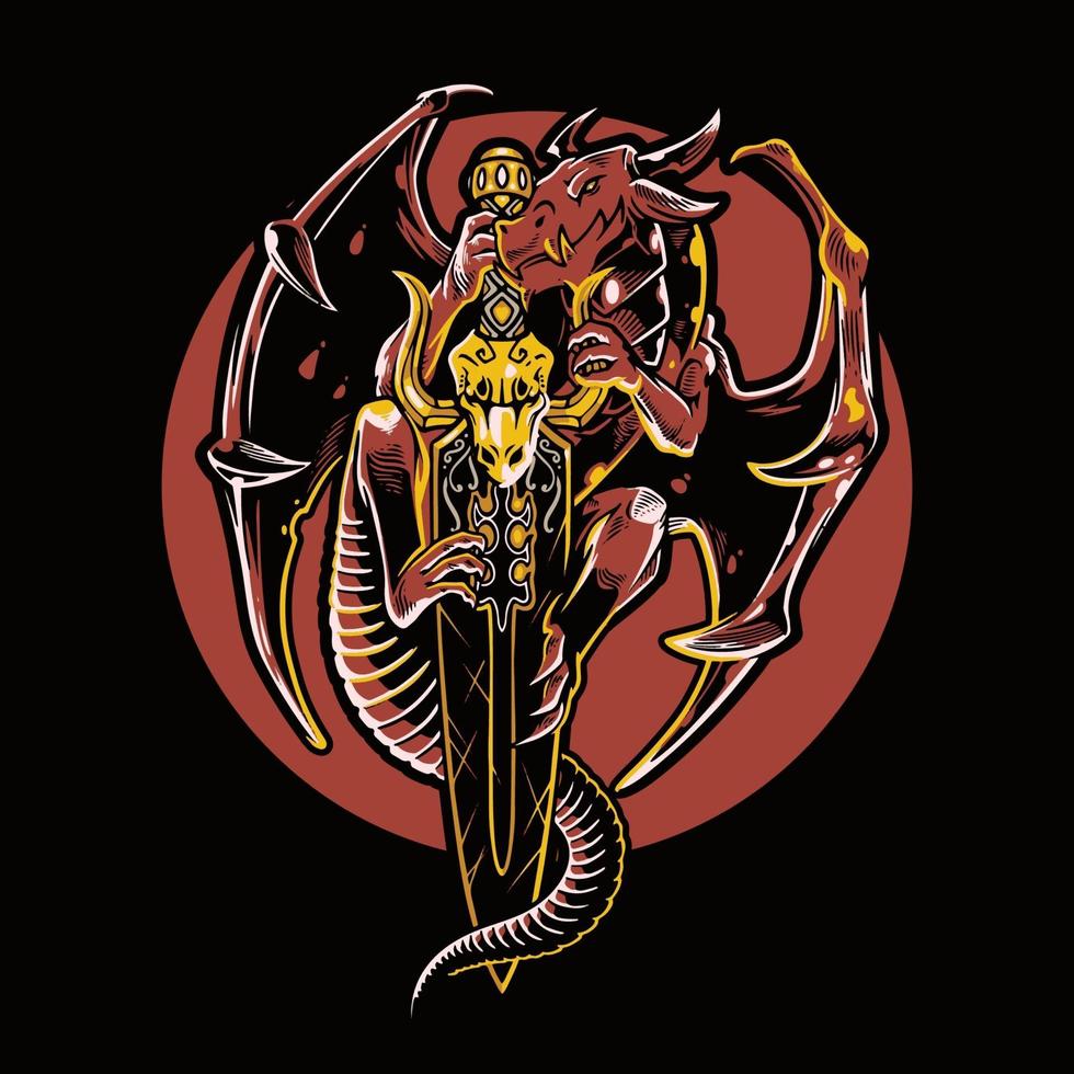 gráfico de vector de ilustración del dragón mítico. dragón volador sosteniendo una espada aislada sobre fondo negro. perfecto para logotipo de juegos, twitch, streamer, camiseta, mercancía, etc.