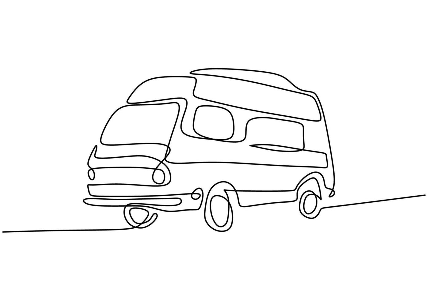 camper dibujo de linea continua. un auto de camping para viajar aislado sobre fondo blanco. el concepto de mudanza en autocaravana, camping familiar, camping, caravana. ilustración vectorial vector