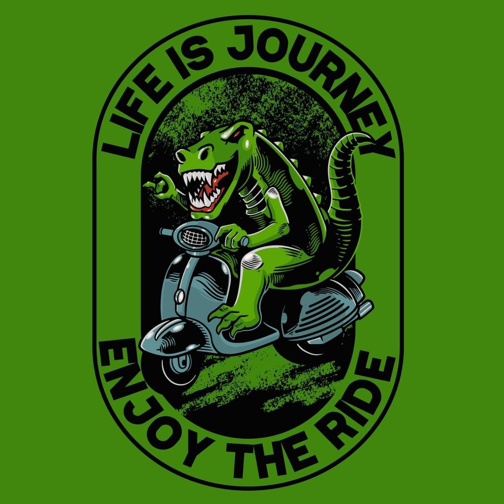 Dinosaur with scooter matic t-shirt and apparel trendy design. Good for t-shirt graphics, poster, print and other uses. The ancient animal is riding a classical motor vector