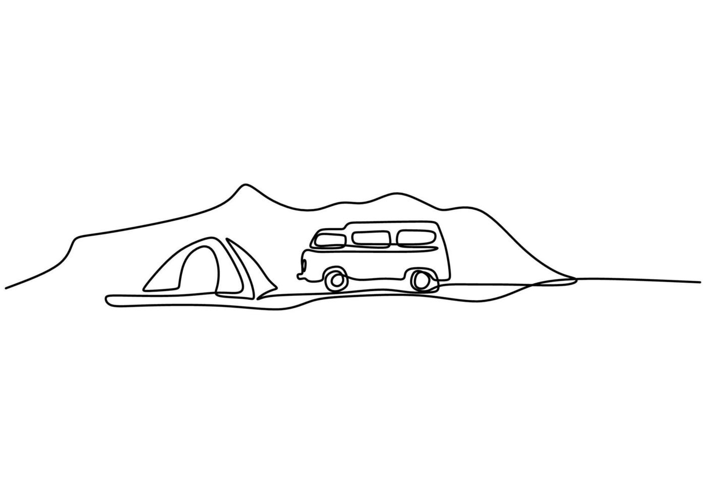 Camper continuous line drawing. A camping car and tent in mountains isolated on white background. The concept of moving in a motorhome, family camping, camping, caravan. vector illustration