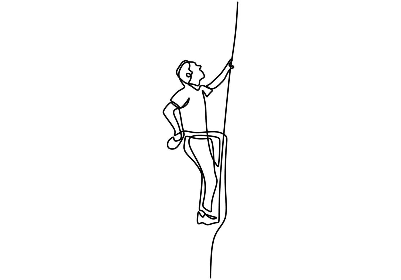 dibujo continuo de una línea del hombre haciendo escalada. Enérgico varón joven practica escalada en roca la cuerda por seguridad aislada sobre fondo blanco. personaje de un chico en escalada en roca. vector