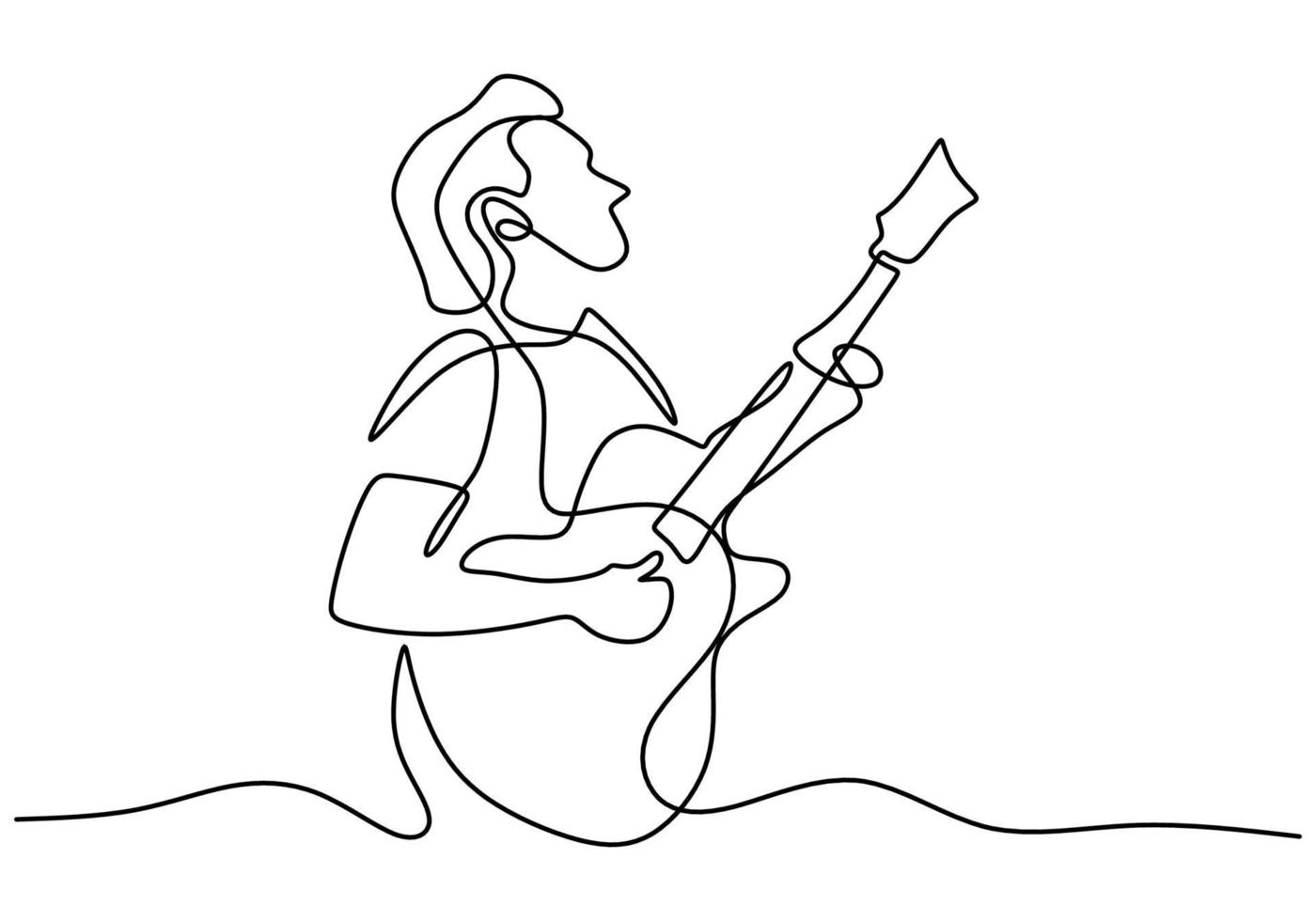 dibujo de una sola línea de joven tocando la guitarra en una fogata. un hombre que estaba acampando actuaba con una guitarra en una fogata aislada sobre fondo blanco. camping por concepto de vacaciones vector