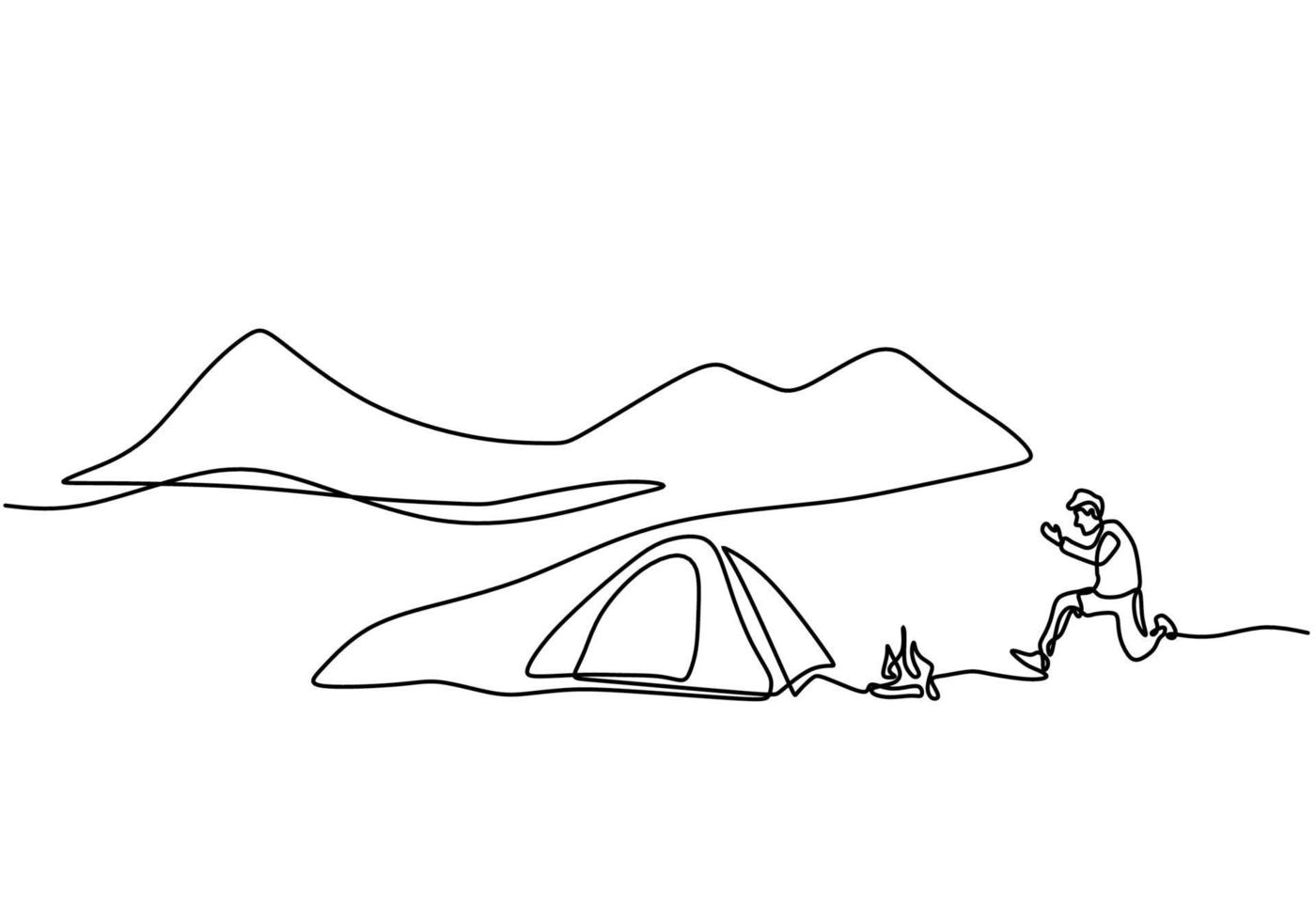 One line drawing people camping. Young man enjoy outdoor activity with tents and campfire. Adventure camping and exploration. Happy male excited by camping in the mountains enjoying nature vector